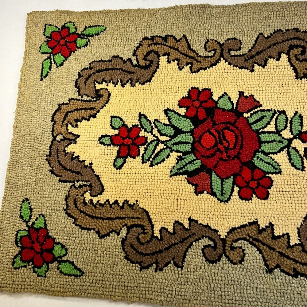 Vintage Hand Hooked Red Rose Floral Rug | 40